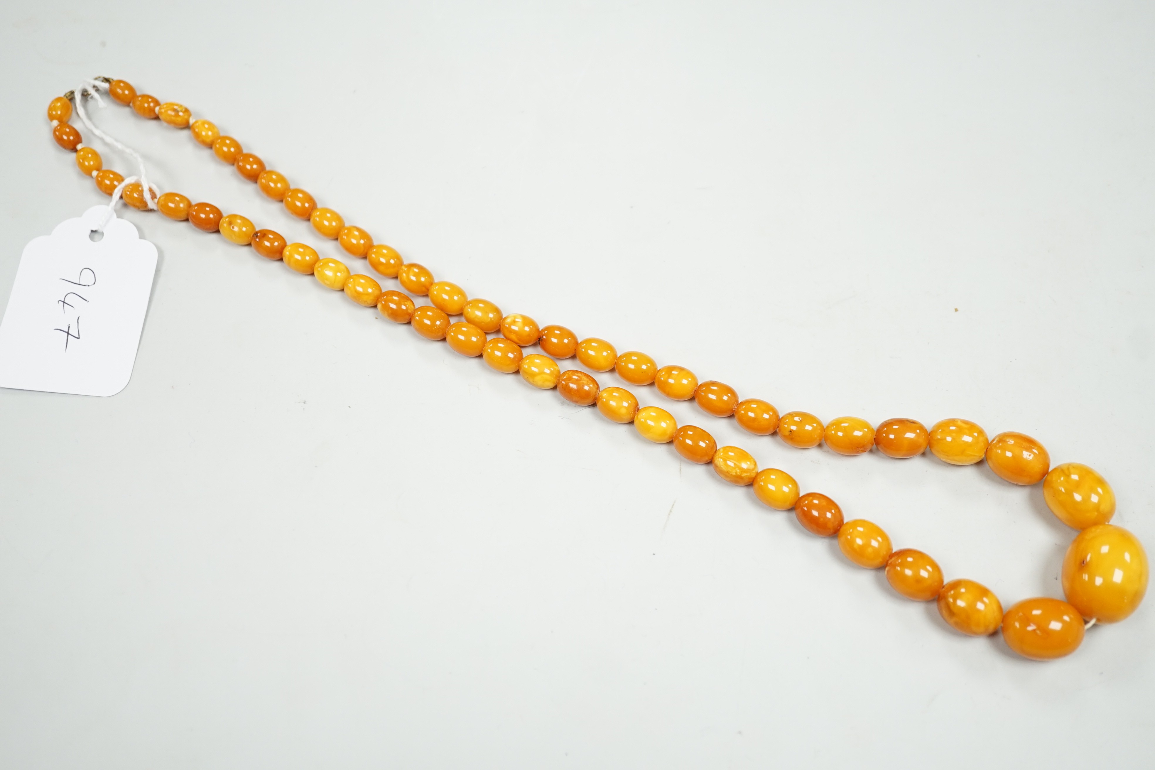 A single strand graduated amber bead necklace, 62cm, gross weight 34 grams.